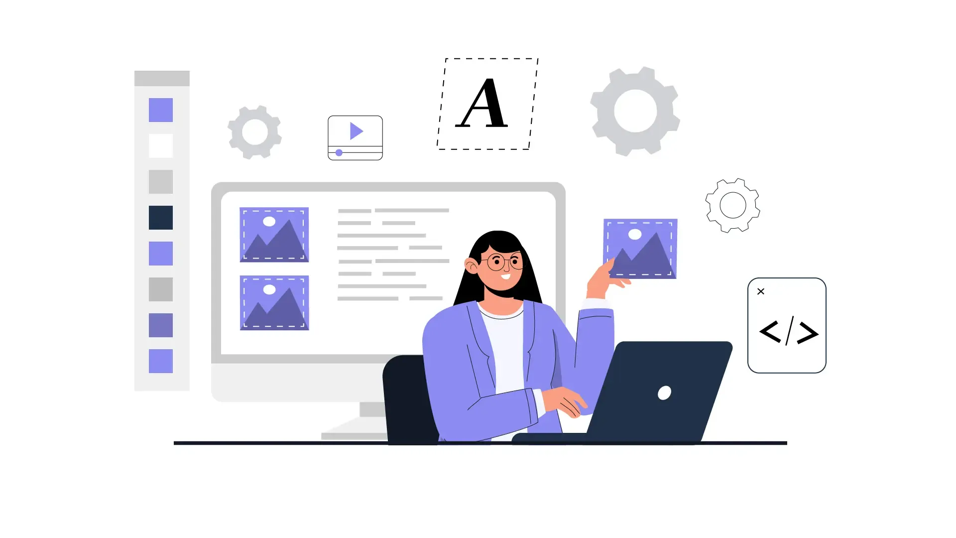 Woman Working on UI UX Design Using Laptop 2D Illustration image